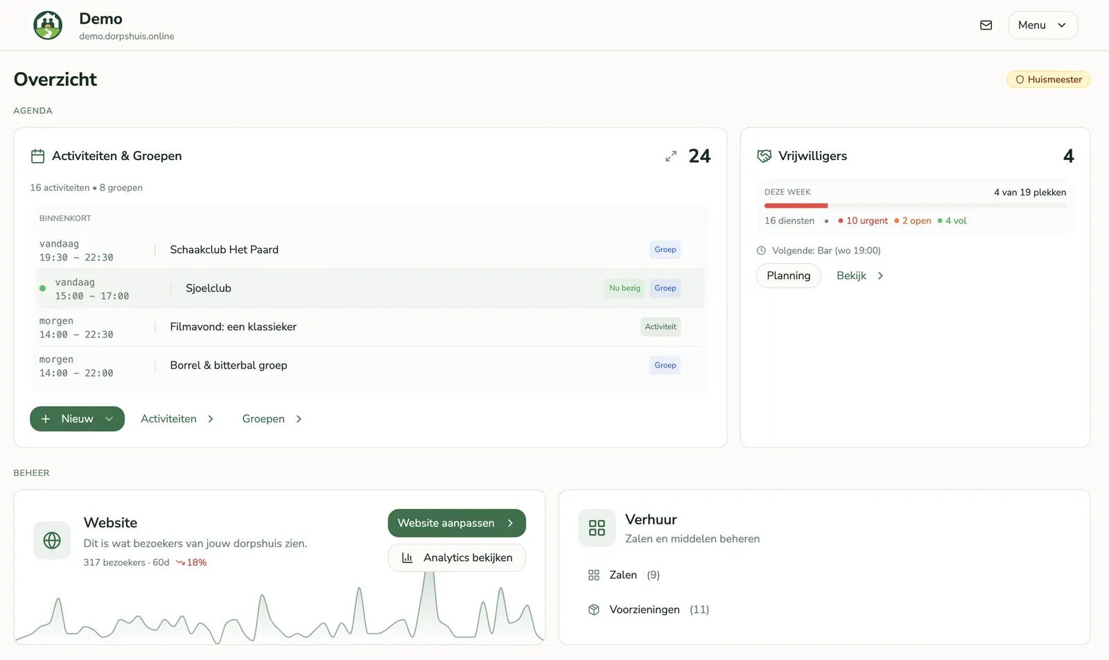 Het beheer-dashboard van Dorpshuis.online: agenda, vrijwilligers, verhuur en website op één plek